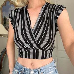 Monteau Striped V-Neck Crop Top, Black & White, Women's Size S